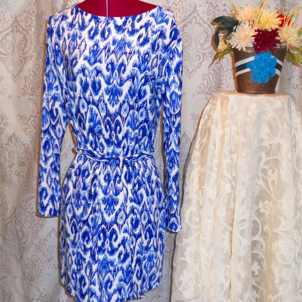 Coolibar S Blue/White Ikat L/S Beach Coverup Dress SPF 50+ Self Belt